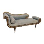 A REGENCY FAUX ROSEWOOD PARCEL GILT SCROLL END CHAISE LONGUE