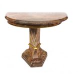 A MARBLE DEMI-LUNE CONSOLE TABLE ON FAUX PAINTED MARBLE PEDESTAL