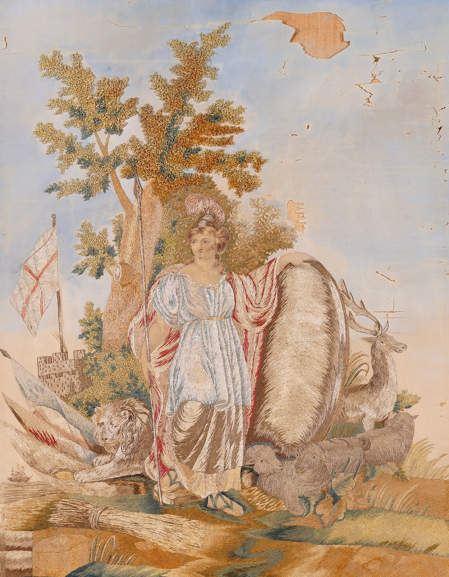 A REGENCY SILKWORK EMBROIDERED PICTURE OF BRITANNIA
