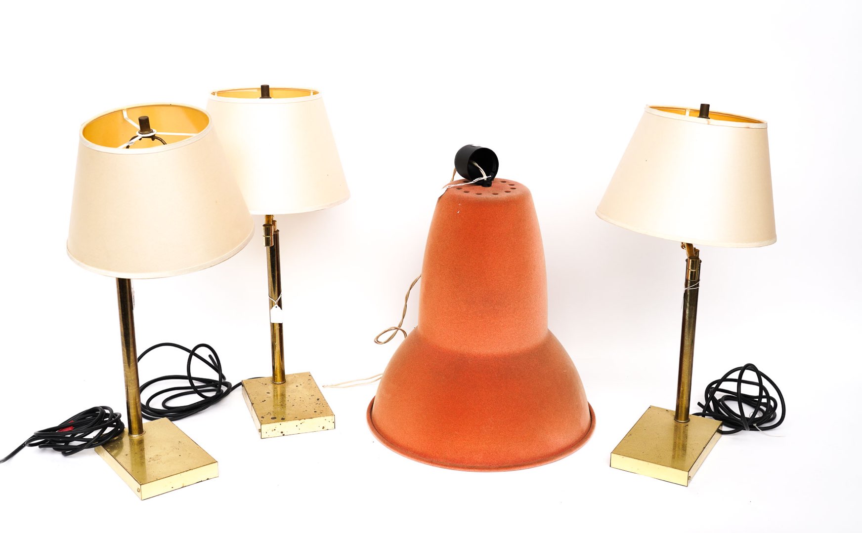 A GROUP OF THREE BRASS LACQUERED TABLE LAMPS WITH ARTICULATING ARMS (4)