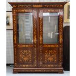 A 19TH CENTURY FRENCH MARQUETRY INLAID MAHOGANY SEMI GLAZED TWO DOOR CABINET