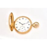 A GENTLEMAN'S 9CT GOLD CASED, KEYLESS WIND, HALF HUNTING CASED POCKET WATCH