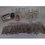GLASSWARE INCLUDING A GROUP OF FIVE CUT GLASS DECANTERS (QTY)