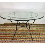 A MODERN CIRCULAR GLASS TOPPED AND PAINTED IRON CIRCULAR DINING TABLE AND SIX HIGH BACK CHAIRS...