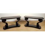 RALPH LAUREN; A PAIR OF MAYFAIR SCROLL BLACK LACQUER CANTED RECTANGULAR CONSOLES ON DUAL...