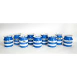 T.G. GREEN: NINE MEDIUM CORNISHWARE HOUSEHOLD JARS INCLUDING CHINA TEA AND MIXED-PEEL (9)