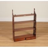 A SET OF MAHOGANY FRET CARVED WATERFALL HANGING FOUR TIER SHELVES