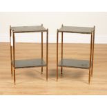 A PAIR OF MID 20TH CENTURY BRASS AND LEATHER REGTANGULAR TWO TIER ETAGERES (2)