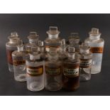 TWELVE GLASS APOTHECARY BOTTLES AND STOPPERS (12)