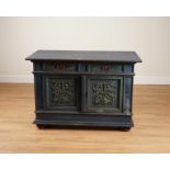A 19TH CENTURY CONTINENTAL OAK LATER BLUE PAINTED TWO DOOR SIDE CABINET