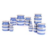 T.G. GREENE: SIX CORNISHWARE HOUSEHOLD JARS INCLUDING ARROWROOT WITH THREE CONDIMENT BOTTLES (9)