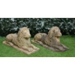 A PAIR OF RECONSTITUTED STONE FIGURES OF RECUMBENT LIONS (2)