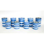 T.G. GREEN: NINE CORNISHWARE CANISTERS INCLUDING TREACLE AND GROUND RICE (9)