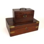 A GEORGE III MAHOGANY TEA-CADDY TOGETHER WITH A BRASS MOUNTED MAHOGANY WRITING SLOPE (2)