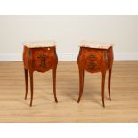 A PAIR OF FRENCH MARBLE-TOPPED GILT METAL MOUNTED MARQUETRY INLAID BOMBE TWO DRAWER BEDSIDE...