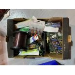 FISHING INTEREST; A LARGE BLACK FRUIT BOX WITH UNUSED LURES, POLE FLOATS, FEEDERS, LINES AND...