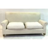 A PAIR OF MODERN HARDWOOD FRAMED TWO SEATER SOFAS