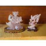 TWO CHINESE MODERN ROSE COLOURED HARDSTONE FIGURES (2)