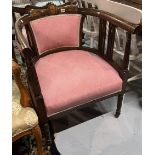 A PAIR OF EDWARDIAN INLAID STAINED BEECH TUB BACK ARMCHAIRS (2)