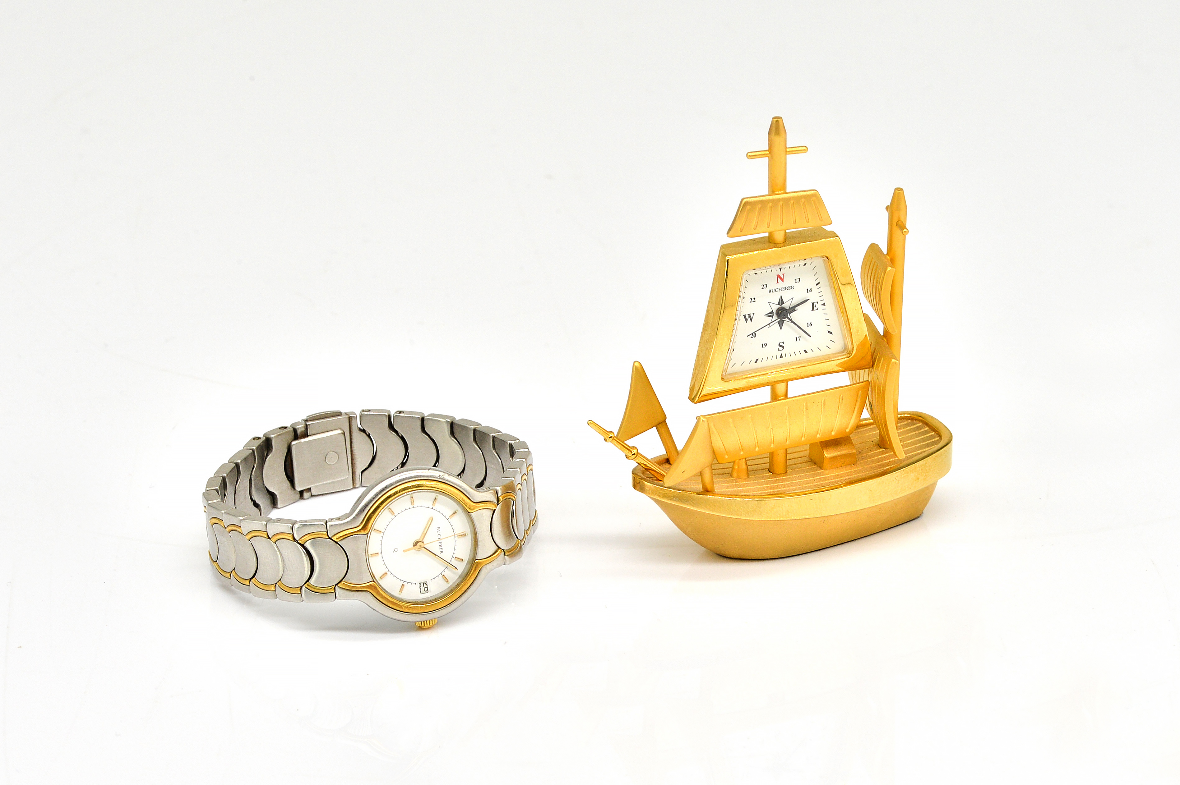 A LADY'S BUCHERER Q BRACELET WRISTWATCH AND A GILT METAL SAILING SHIP CLOCK (2)