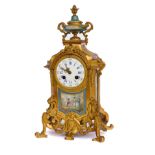 A FRENCH GILT-METAL MOUNTED PARIS PORCELAIN MANTEL CLOCK WITH JAPY FRERES MOVEMENT