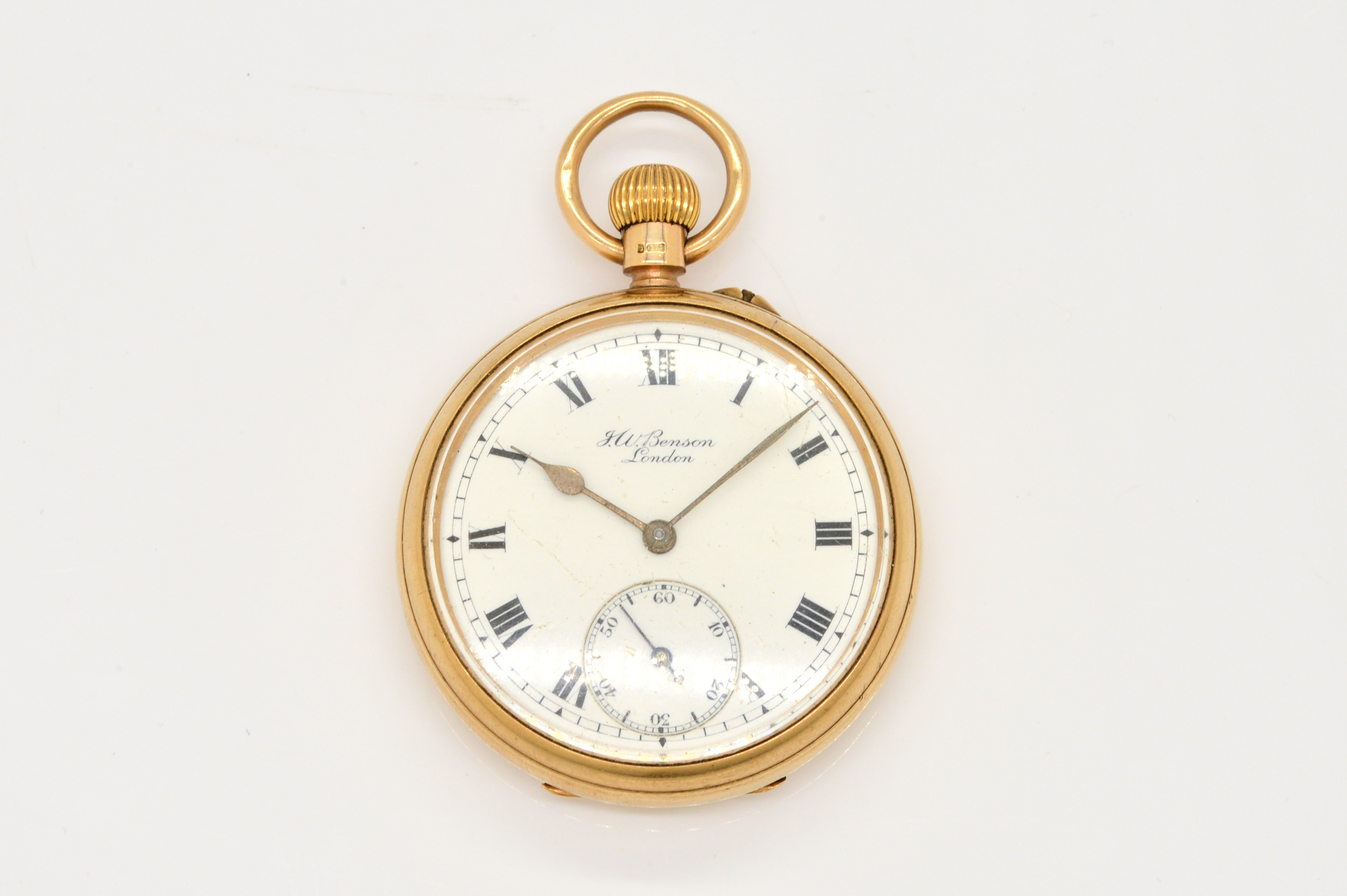 A J.W. BENSON 9CT GOLD CASED OPEN FACED KEYLESS WIND GENTLEMAN'S POCKET WATCH