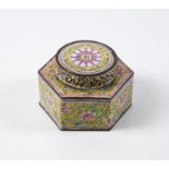 A CANTON ENAMEL YELLOW-GROUND HEXAGONAL INKWELL, COVER AND LINER