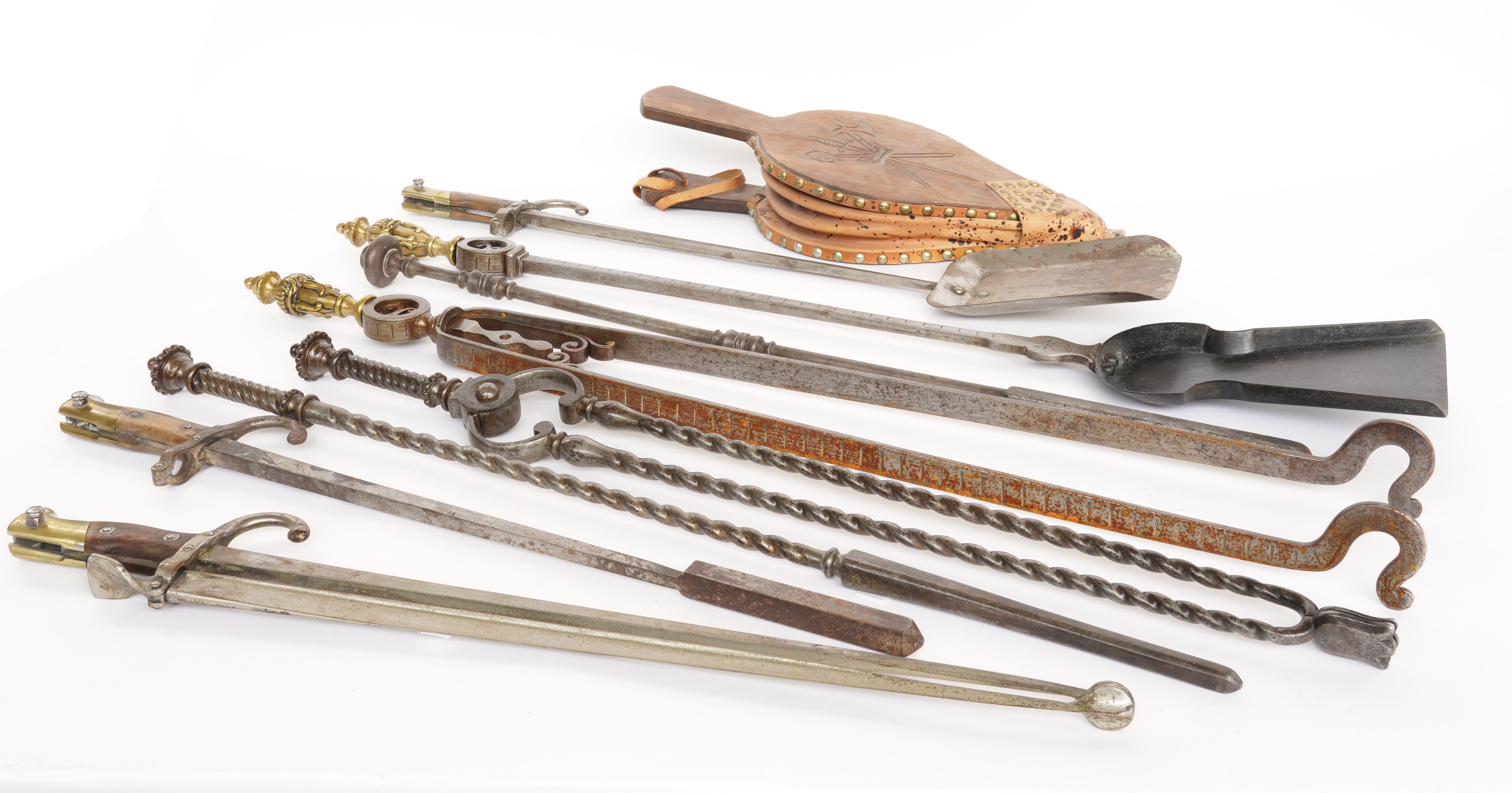 A GROUP OF STEEL FIRE TOOLS (9)