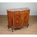 A FRENCH GILTMETAL-MOUNTED SERPENTINE SHAPED MARQUETRY, MAHOGANY AND WALNUT MEUBLE D’APPUI /...