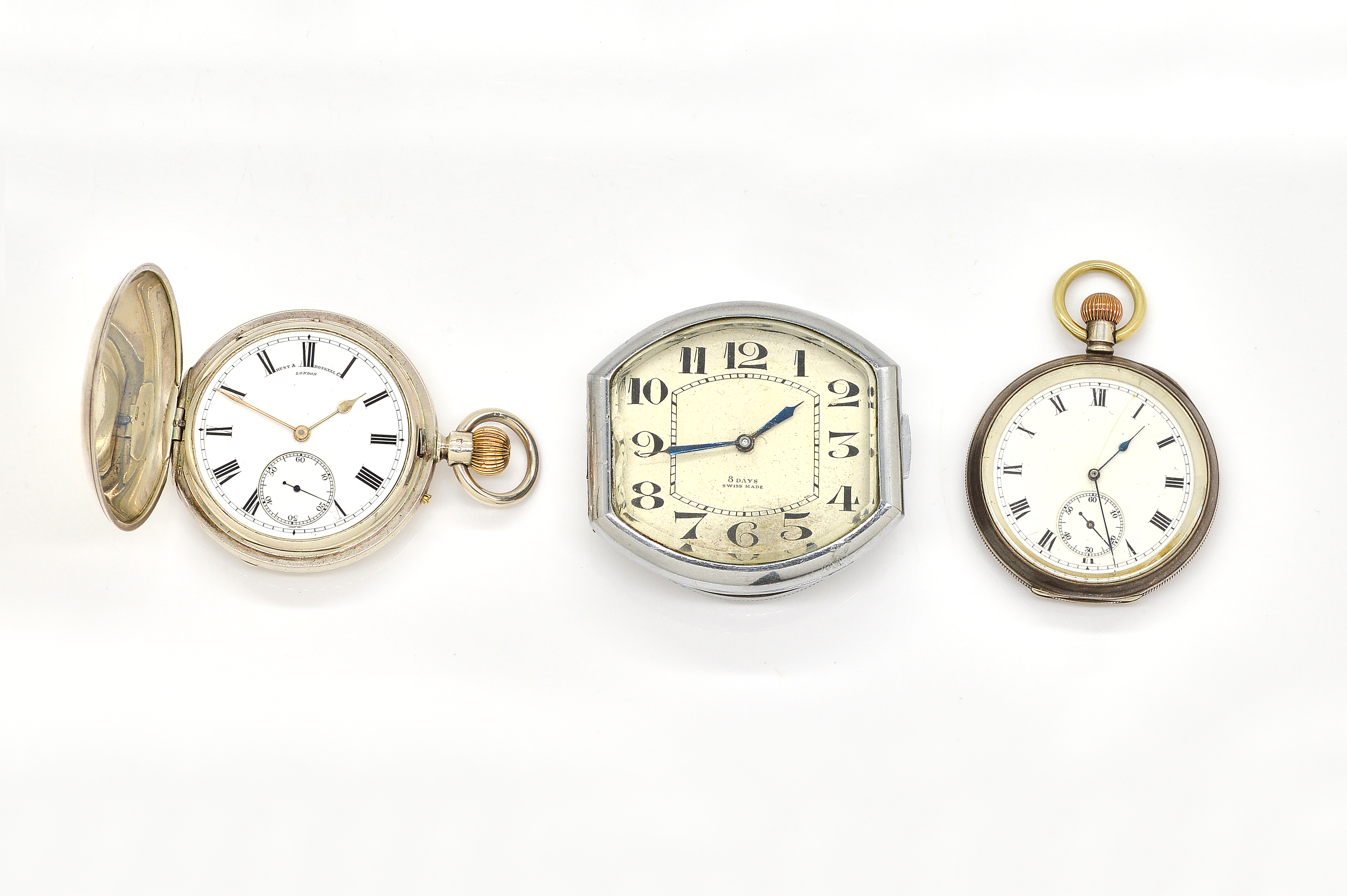 A VICTORIAN SILVER FULL HUNTER KEYLESS WIND POCKET WATCH BY HUNT & ROSKELL AND TWO FURTHER...