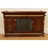 AN EDWARDIAN MAHOGANY SNOOKER OR BILLARDS SCORE BOARD