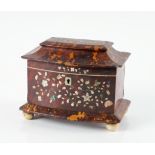 A GEORGE IV TORTOISESHELL MOTHER-OF-PEARL INLAID IVORY BANDED TEA CADDY