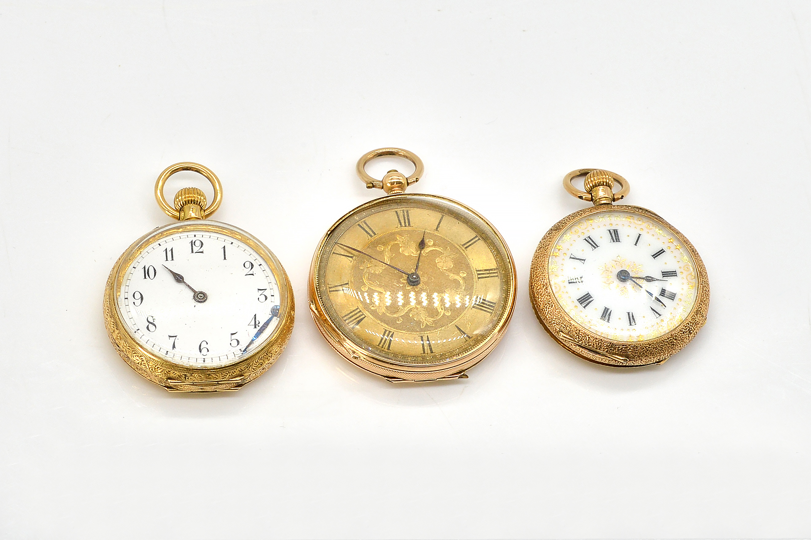THREE GOLD LADIES FOB WATCHES (3)