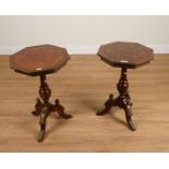 A PAIR OF OCTAGONAL SHAPED MARQUETRY LAMP TABLES, ON BALUSTER SUPPORTS (2)