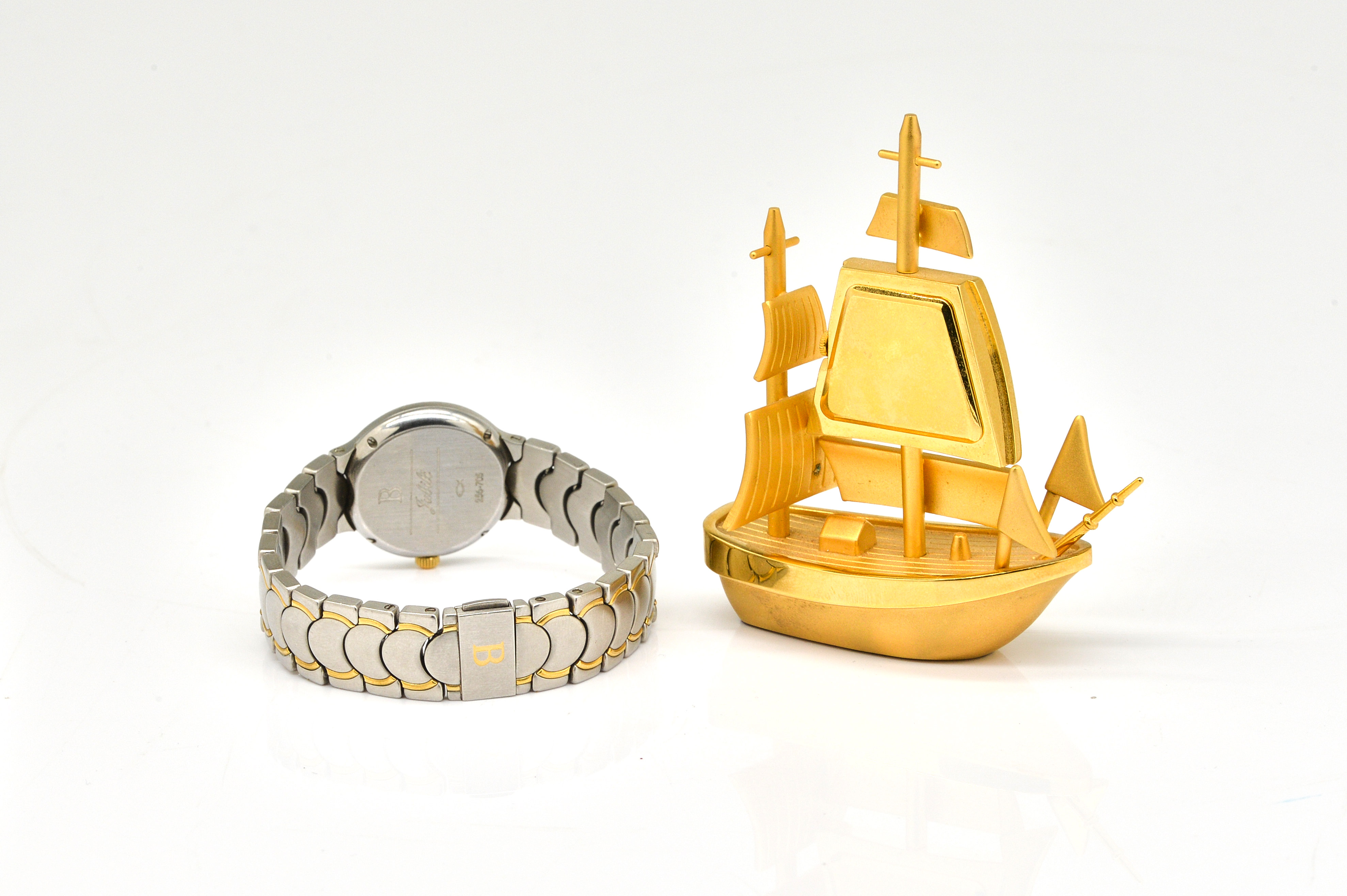 A LADY'S BUCHERER Q BRACELET WRISTWATCH AND A GILT METAL SAILING SHIP CLOCK (2) - Image 2 of 3