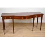 A GEORGE III INLAID MAHOGANY BOWFRONT THREE DRAWER SERVING TABLE