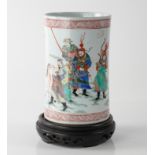 A CHINESE FAMILLE-VERTE CYLINDRICAL BRUSH POT