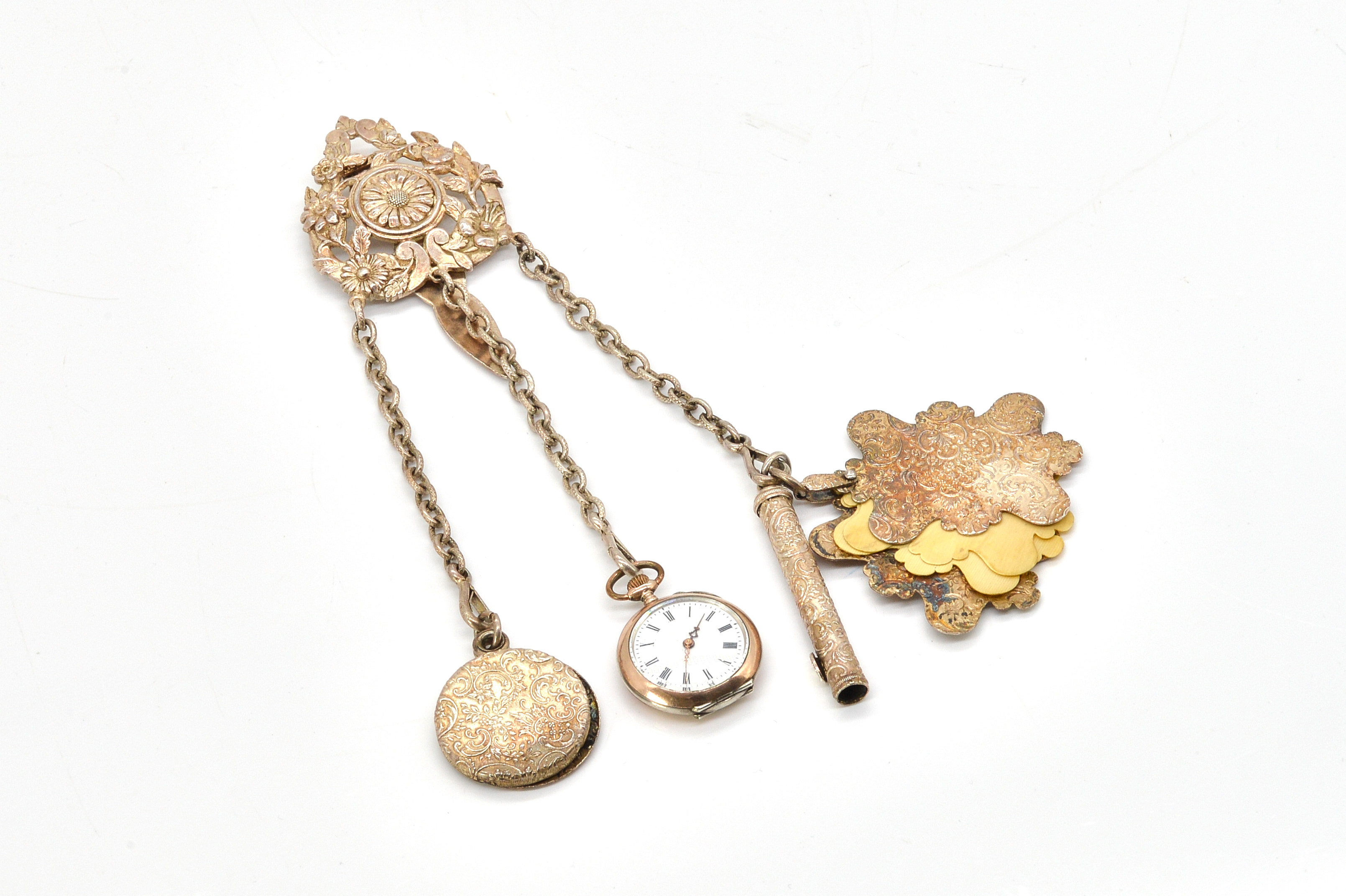 A CHATELAINE FITTED WITH A LADIES FOB WATCH AND OTHER IMPLEMENTS