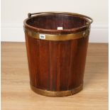 A GEORGE III BRASS BOUND MAHOGANY PEAT BUCKET