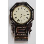 A VICTORIAN ROSEWOOD AND MOTHER-OF-PEARL INLAID OCTAGONAL DROP DIAL FUSEE WALL TIMEPIECE