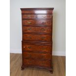 A SMALL GEORGE III STYLE INLAID POLLARD OAK AND WALNUT CHEST-ON-CHEST