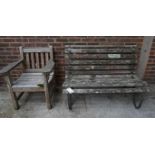 A LATE VICTORIAN STRAP IRON AND SLATTED GARDEN BENCH (2)