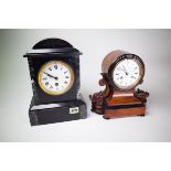 A 19TH CENTURY SLATE CASED MANTEL CLOCK, 24CM TALL, AND A MAHOGANY MANTEL CLOCK, (2)