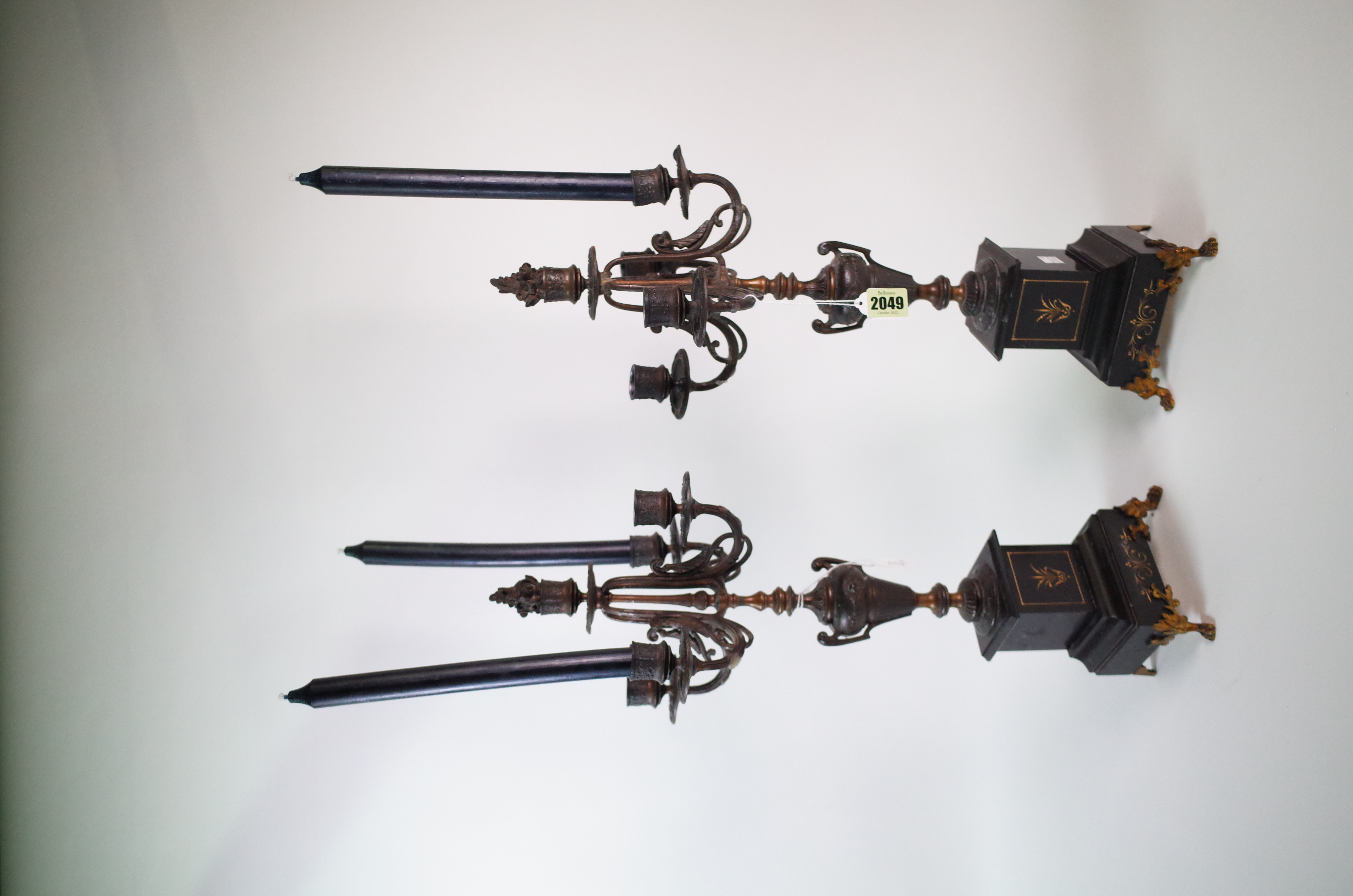 A PAIR OF VICTORIAN MARBLE AND BRONZE FOUR BRANCH CANDELABRA (2)