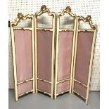 A VICTORIAN STYLE CREAM AND GOLD PAINTED FOUR FOLD SCREEN