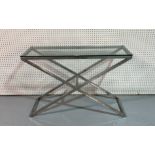 A MODERN GLASS AND STEEL CONSOLE TABLE