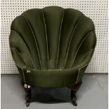 A LATE VICTORIAN SHELL SHAPED OCCASIONAL CHAIR ON SQUAT CABRIOLE SUPPORTS