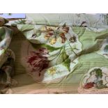 CURTAINS, A PAIR OF LINED AND INTERLINED GREEN FLORAL CURTAINS