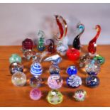 A GROUP OF GLASS PAPERWEIGHTS AND GLASS MODEL ANIMALS, (QTY)