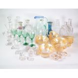 A GROUP OF 19TH CENTURY AND LATER DECORATIVE GLASS, INCLUDING DECANTERS, DRINKING GLASSES,...